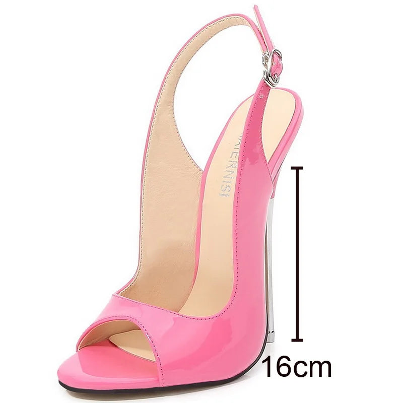 Women Patent Leather Metal High Heel Sandals Sexy Buckle Strap High Heels for Nightclub Evening Party Banquet Gathering Zapatos