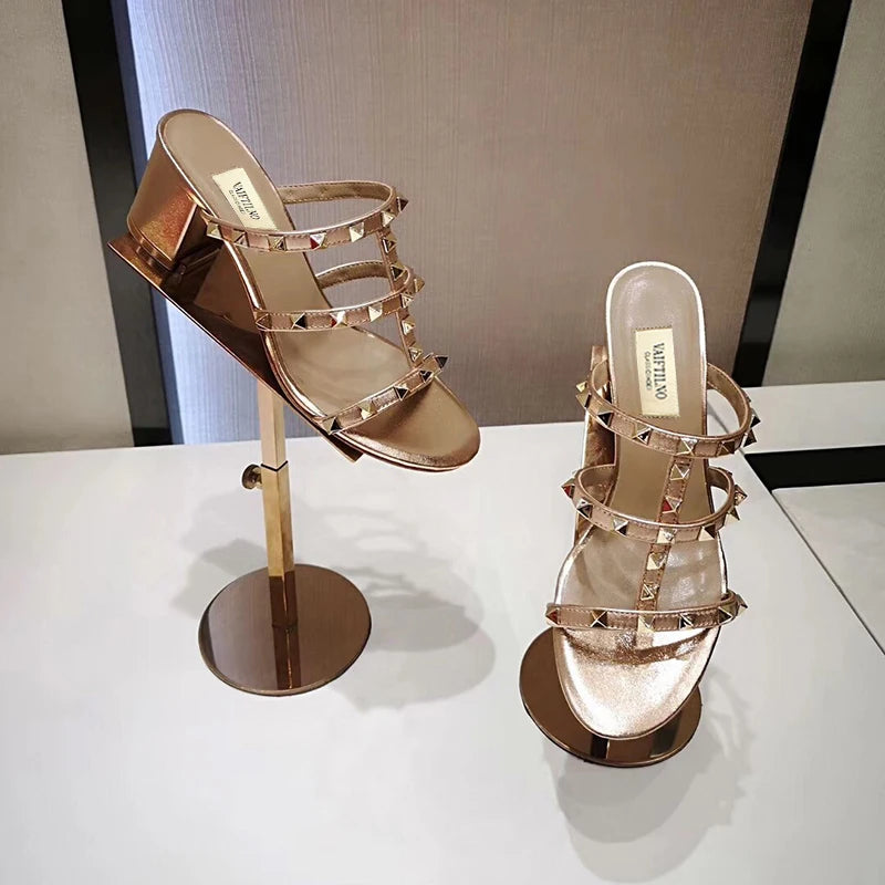 Luxury Women's Shoes Gladiator Shoes Woman 2026 Trend for Women's Sandals Summer Slippers Chunky Heel Leather Rivets High Heels