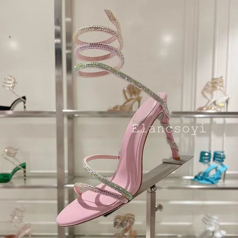 Thin Heels Gladiator Sandals Women's Shiny Rhinestone Ankle Snake Shaped Winding Party Shoes Summer Fashion High Heels Sandalias