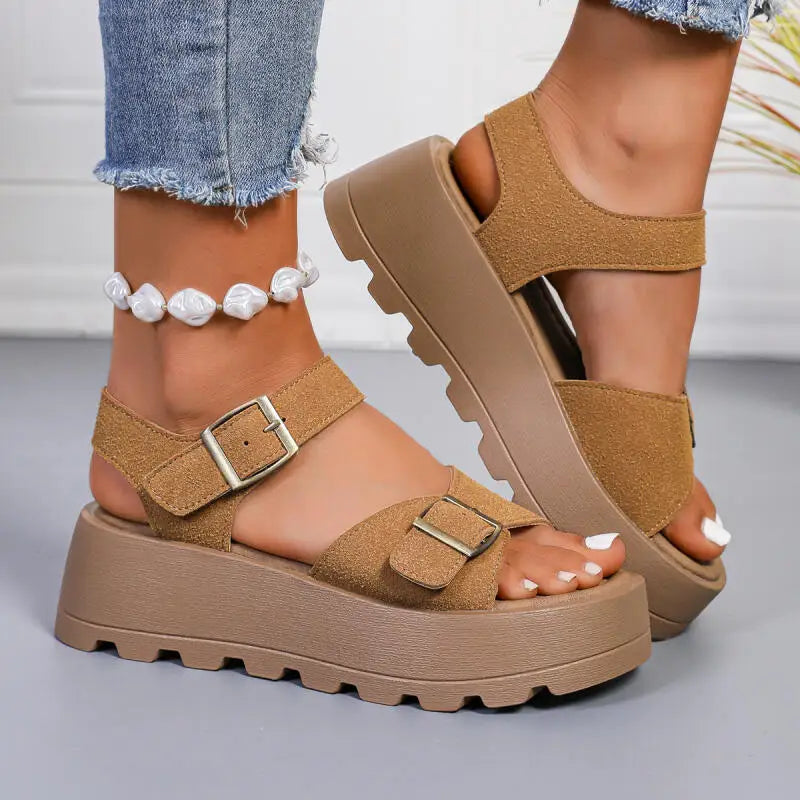 Classic Suede Metal Buckle Thick Bottom Sandals Women Summer 2026 Soft Platform Wedge Heel Sandals Plus Size Woman's Beach Shoes