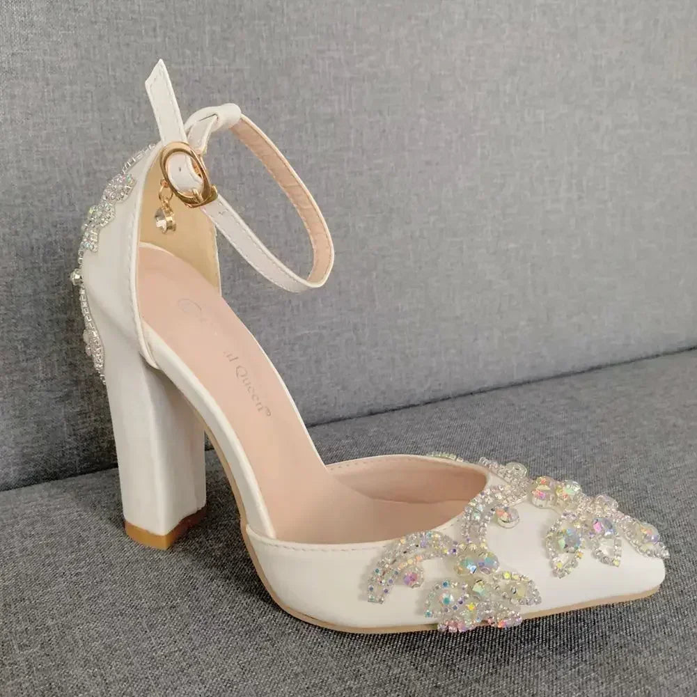 2026 Thick Heel Pointed Toe Shoes Large Size  Thick Heel Sandals Women Rhinestone Wedding Shoes Women White Wedding Shoes Drill