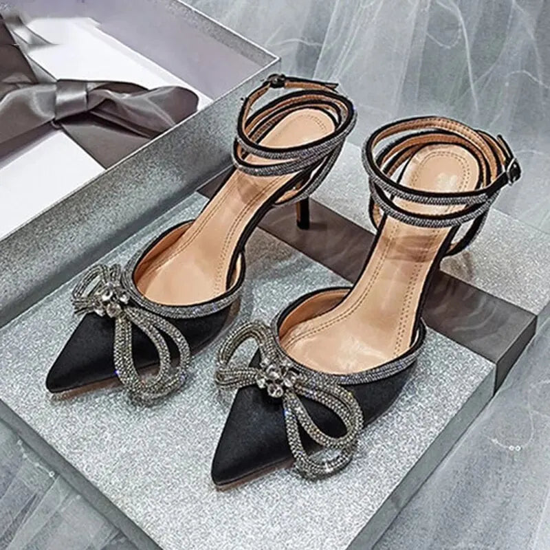 2025 New Fashion Glitter Rhinestones Women Pumps Crystal Bowknot Silk Pointed Toe Buckle Strap Thin High Heels Party Prom Shoes