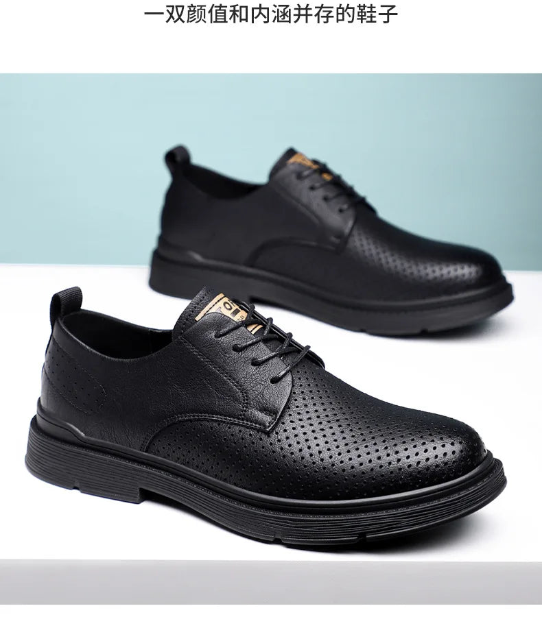 Summer Autumn New Low Top Cow Leather Shoes for Men Hallow Lace Designer Platform Shoes Male Fashion Business Casual Shoe Man
