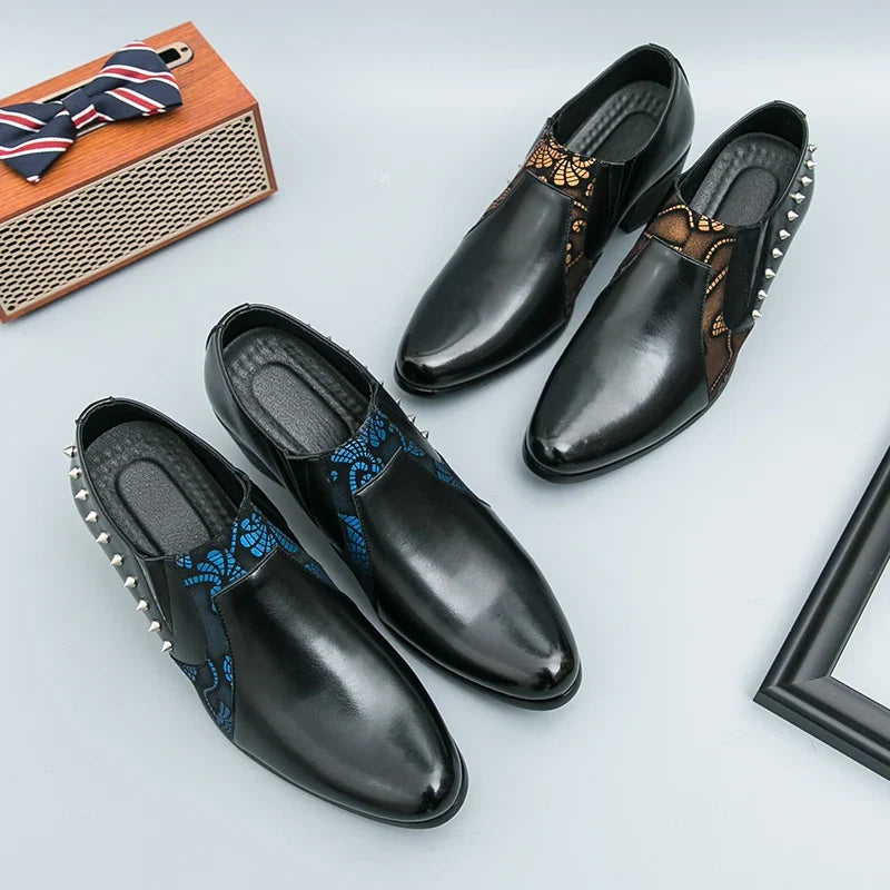 Black Leather Business Dress High Heel Men's Shoes Pointed Toe Slip-on Rivets Elegant Party Wedding Shoes Thick Bottom Plus Size