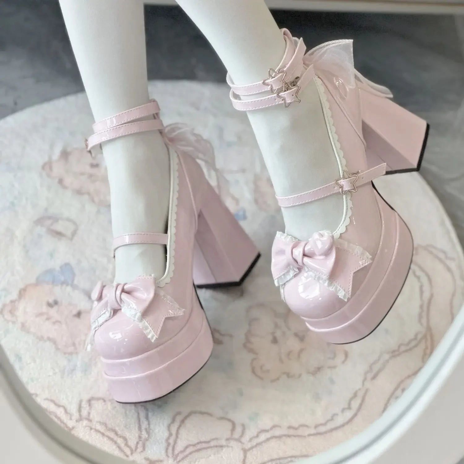 Platform High Heel Women Lolita Pumps Fashion Shallow Butterfly-knot Shoes Ladies Party Dress Cross Strap Mary Jane Shoes