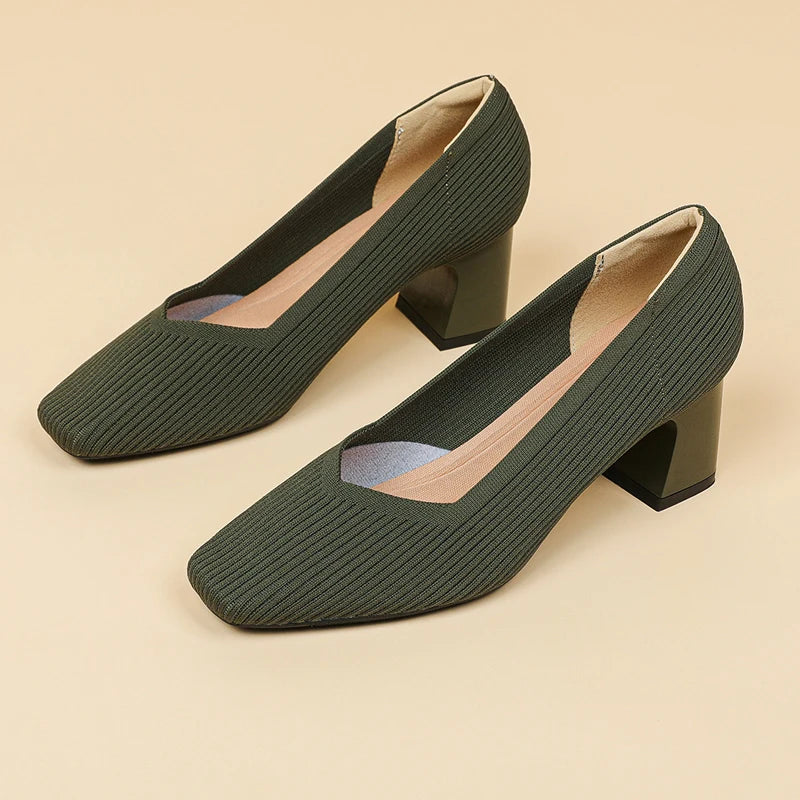 Women's High Heels Comfortable Square Knitted Breathable Comfortable Shoes (5cm High) Autumn 2025 New Collection