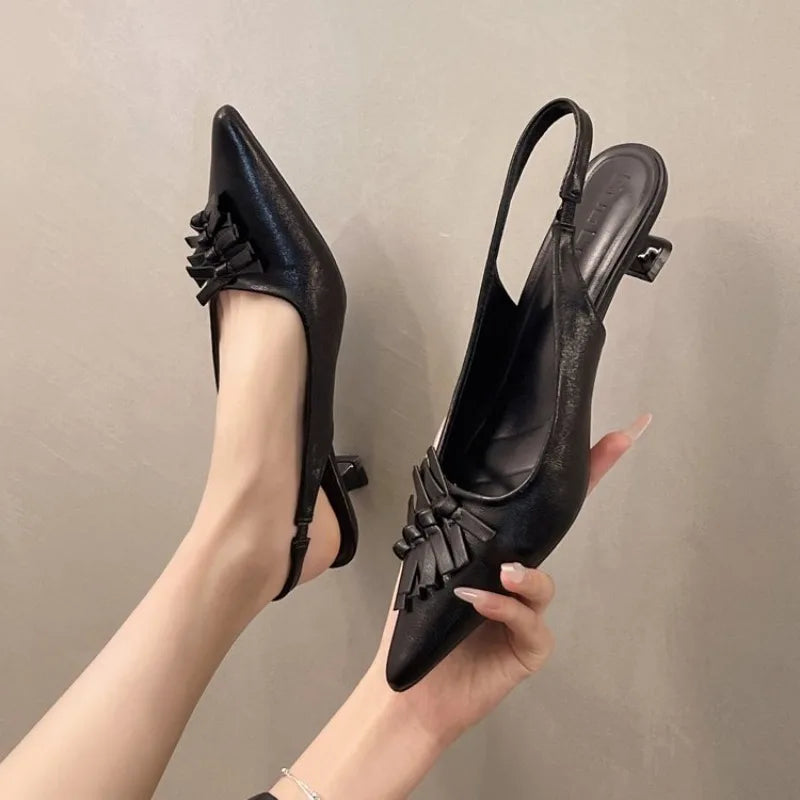 Summer 2025 Pointed Toe Slingbacks Sandals Women Elegant Kitten Heel Dress Shoes Shallow Comfy Bowknot Office High Heels Ladies