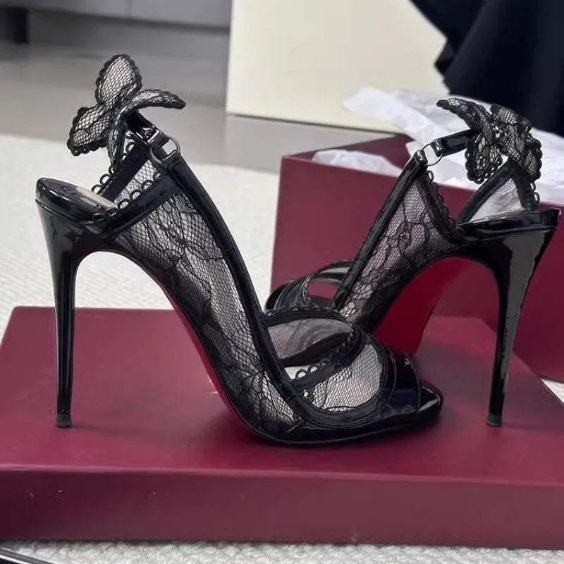 Summer New Style Round Head Open Toe Mesh Cloth Breathable Set Foot Fish Mouth High Heels Women's Stiletto Sandals