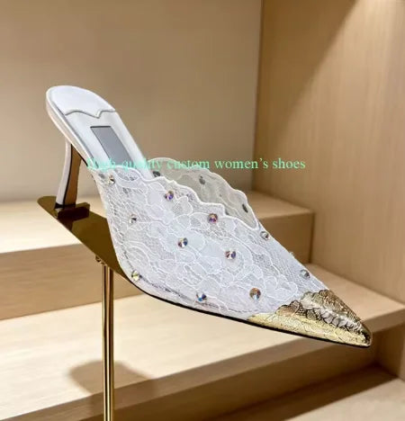 Pointed Color Blocking Lace is Breathable Women's Wedding Shoes Mesh One-strip Stilettos Luxury Women's Shoes Shallow Banquet Sh