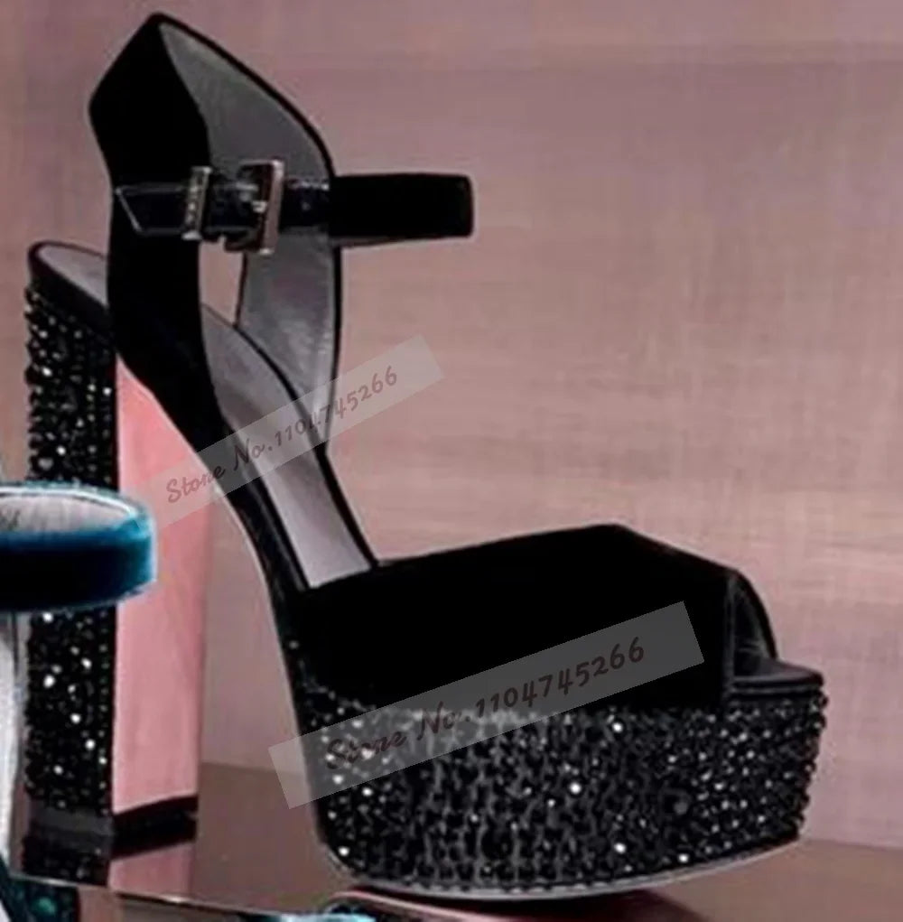Champagne Crystal Chunky Heel Sandals Bling Rhinestone Platform Wedding Shoes Velvet Open Toe Buckle Strap Block Heels