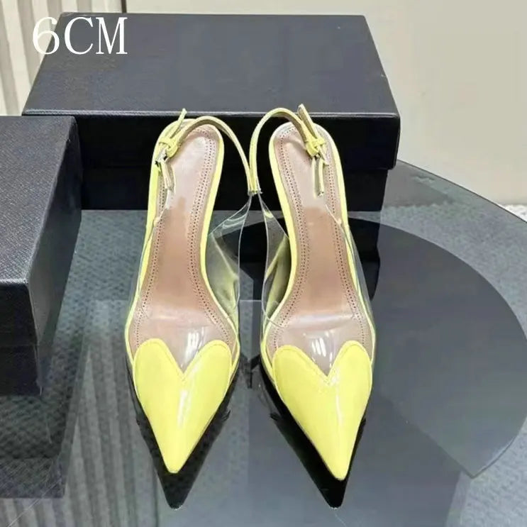 2026 New Pointy Peach Heart Fine Heel Shoes Sexy Pvc Transparent Film Black Patent Leather High Heel Overhead Sandals