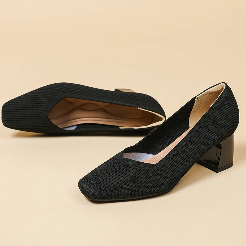 Women's High Heels Comfortable Square Knitted Breathable Comfortable Shoes (5cm High) Autumn 2025 New Collection