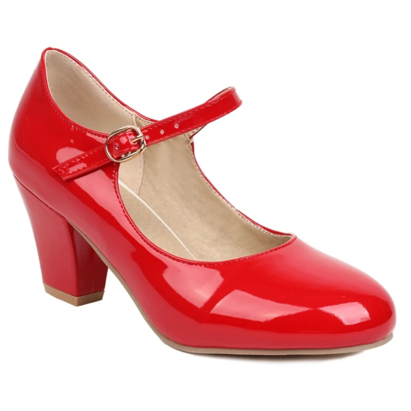 Women's Navy Blue High Heels Pumps Big Size 45 Lolita Mary Jane Shoes Elegant Black Red Pink Heeled Office Wedding Dress Shoes