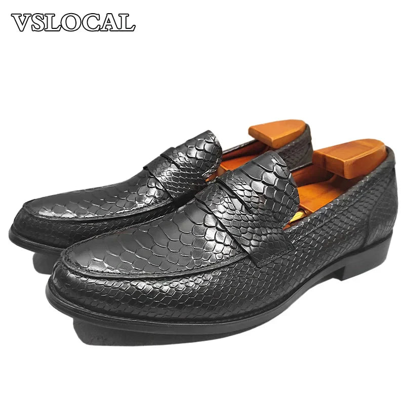 Luxury Men's Loafers Black Coffee Slip On Snake Print Mens Casual Shoes Wedding Office Banquet Genuine Leather Shoes Men