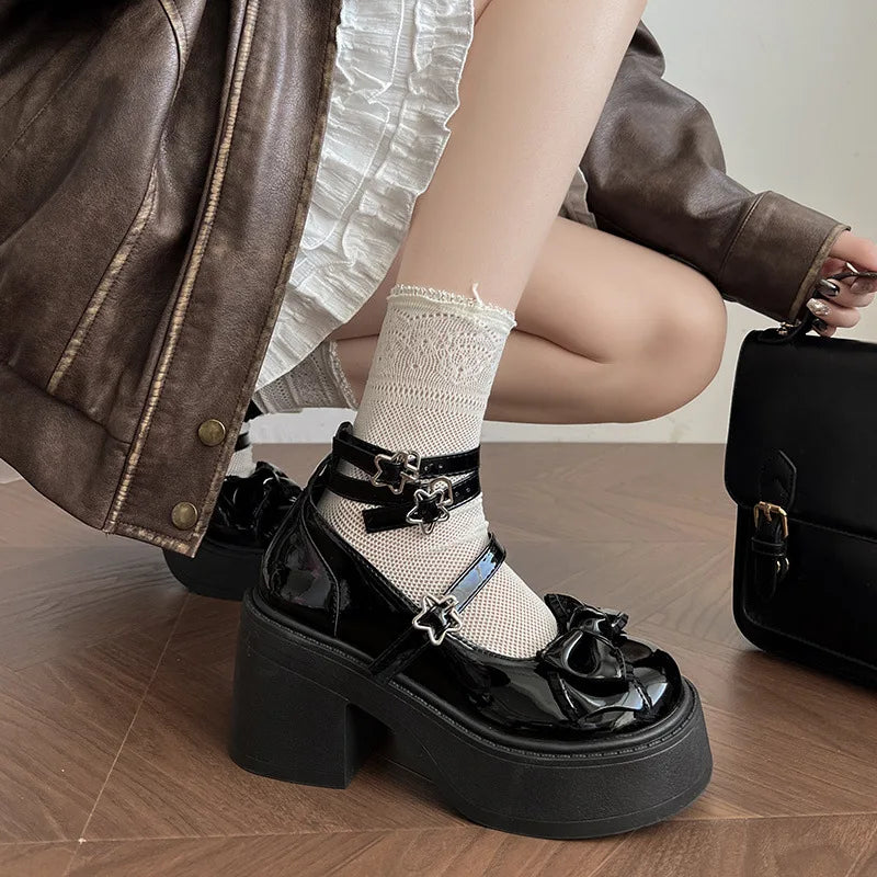 Spring Platform Thick Bottom Women Lolita Mary Jane Shoes Butterfly-knot Buckle Strap Shoes Ladies Elegant Heel Dress Pumps