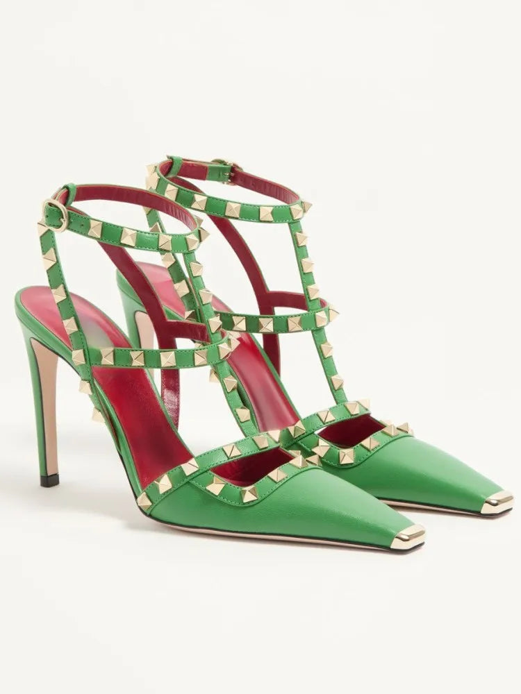 2026 Women's Rivet Low Heel Square Head Stiletto Sandals Fashion Show Party Summer Women's High Heel Sandals