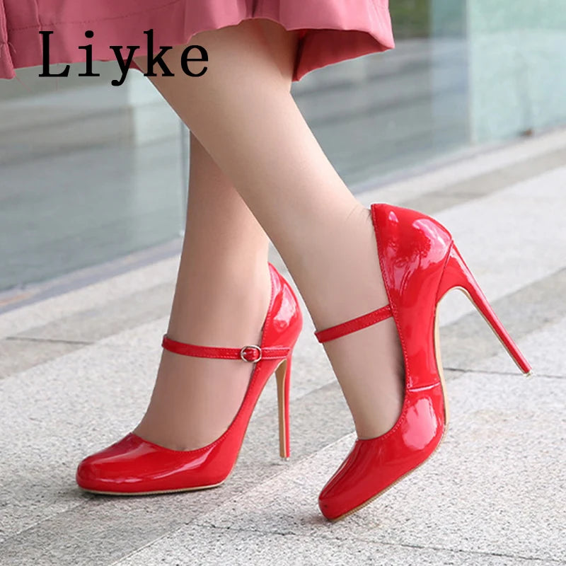 Liyke Big Size 44 45 46 Patent Leather Stiletto High Heels For Ladies Party Prom Shoe Fashion Round Toe Buckle Strap Women Pumps