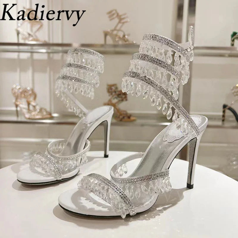 Sexy High Heels Gladiator Sandals Women Crystal String Bead Snake Twine Around Ankle Strap Wedding Shoes Summer Sandals Woman