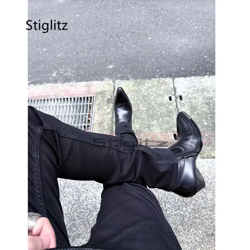 5Cm High Heels Chelsea Boots for Men Pointed Toe Side Zip Retro Western Boots Metal Decor Black Leather Ankle Boots Male Shoes
