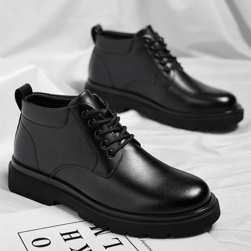 Mens Black Leather Lace Up Mid Top Boots Winter Warm Formal Business Office Wedding Shoes Black Work Boots Fashionable Dad Shoes