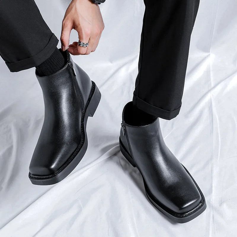 Luxury Fashion Black Men Casual Leather Shoes Autumn Winter Dress Ankle Boots Vintage British Business Square Toe Chelsea Boots