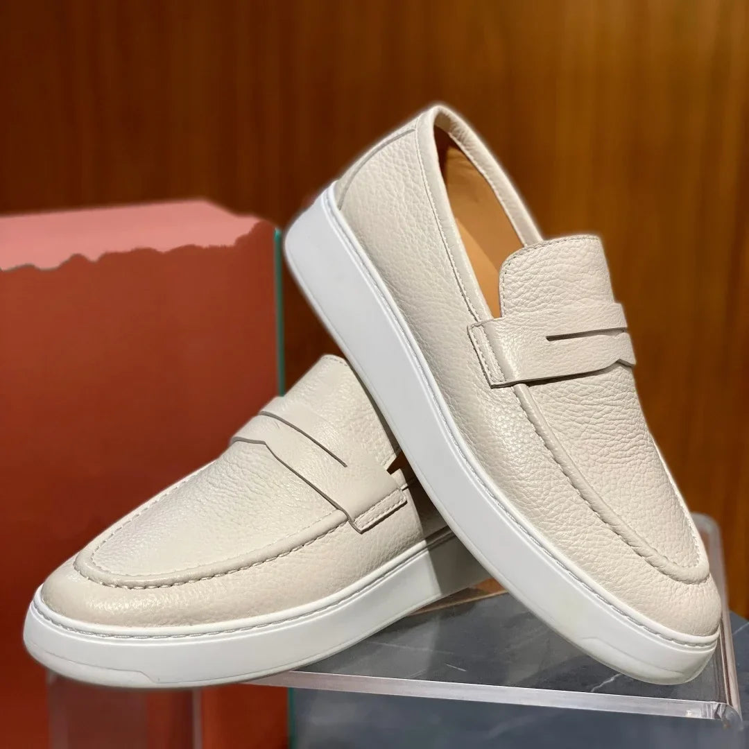 2026 New Men Genuine Grain Leather Penny Loafers Slip On Platform Non Slip Soft Sole Business Casual Driving Daily Walking Shoes