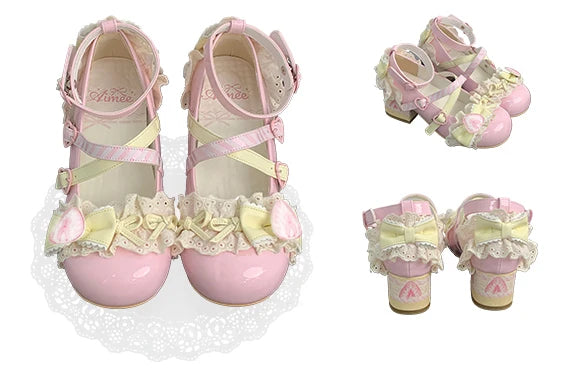 Sweet Girls Lolita High Heels Shoes ,Young Women Students Cute Lace Strawberry Bowknots Ankle Strap Mary Janes