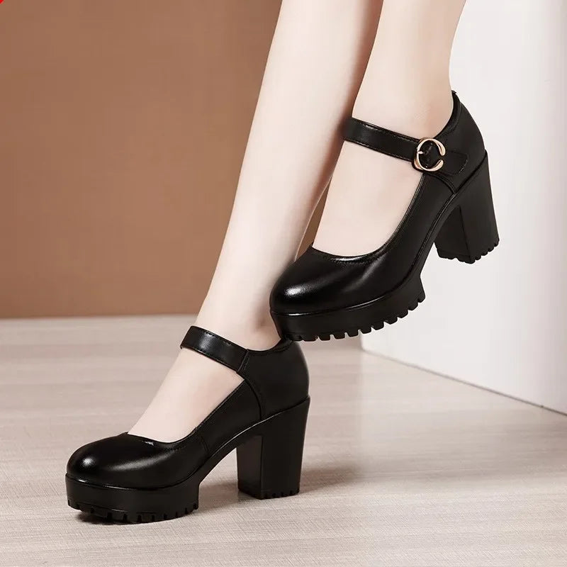 6 8 10cm Small Size 32-43 Shallow Thick Bottom Genuine Leather Shoes Platform Pumps 2026 Block High Heels Shoes Office Model