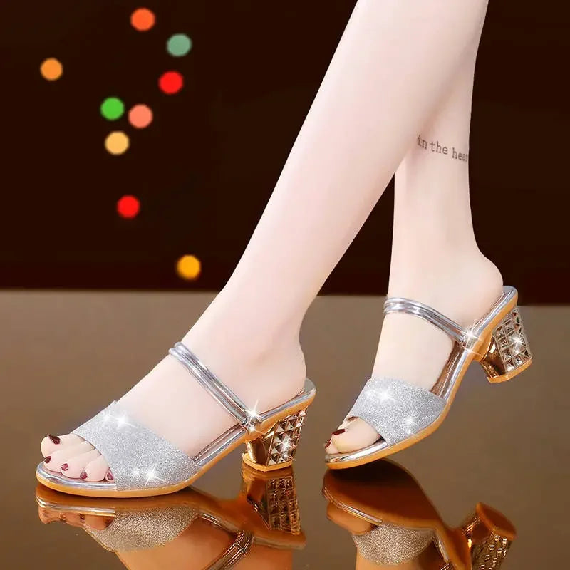 zapatos de mujer women cute sweet sexy silver square heel sandal shoes lady spring & summer golden comfort heel shoes fa615
