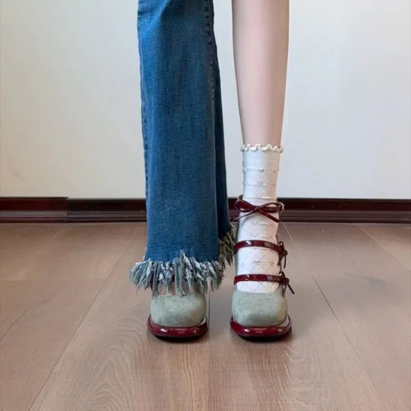 Platform Green Bow Mary Jane Single Shoes Spring Summer 2026 New Strap Heels Women