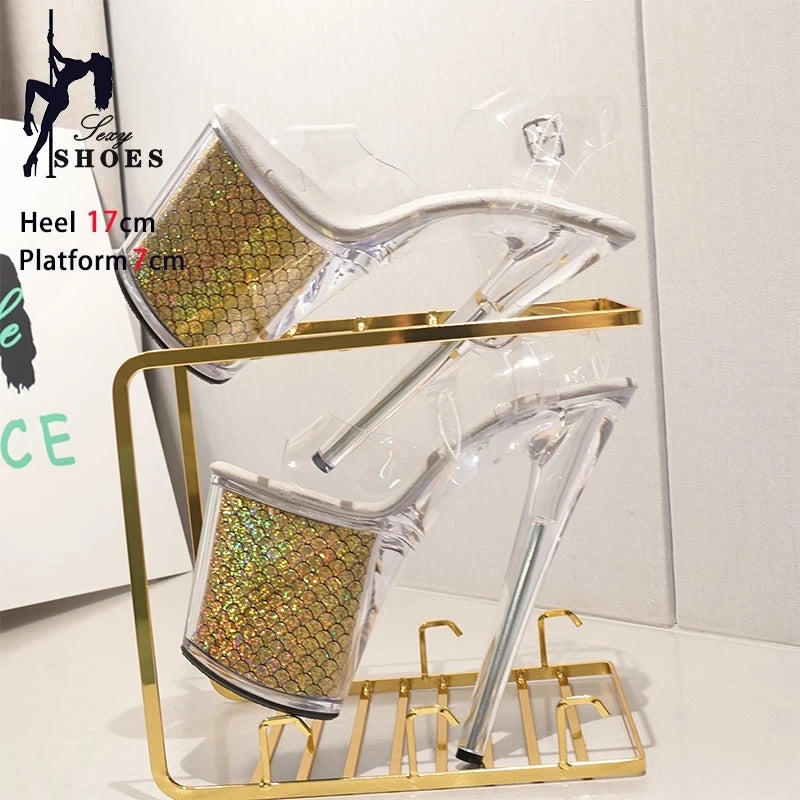 High-quality 17CM/7inches Women Sandals Stripper High Heel Shoes Transparent Platform Glitter Stiletto Pole Dance Shoes Wedding