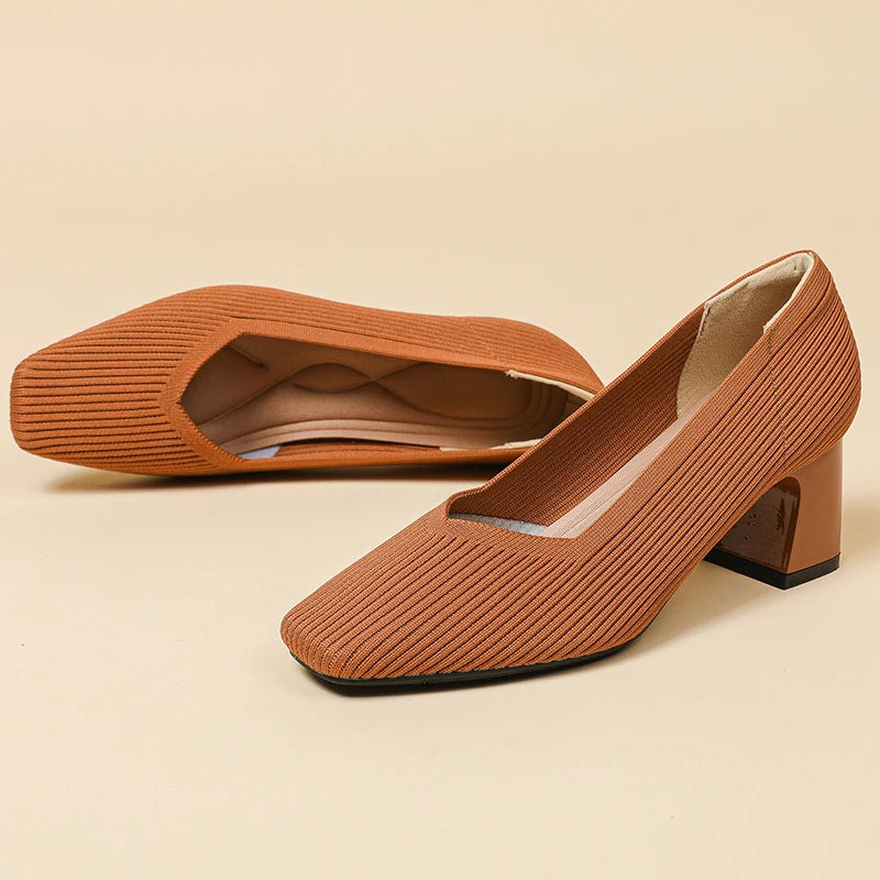 Women's High Heels Comfortable Square Knitted Breathable Comfortable Shoes (5cm High) Autumn 2025 New Collection