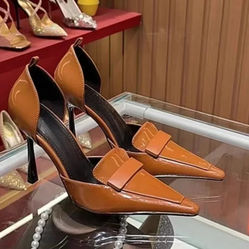 Women's Fashion Pointed Head Shallow Mouth Metal Buckle Non-slip Single Shoes Summer New Patent Leather High Heels