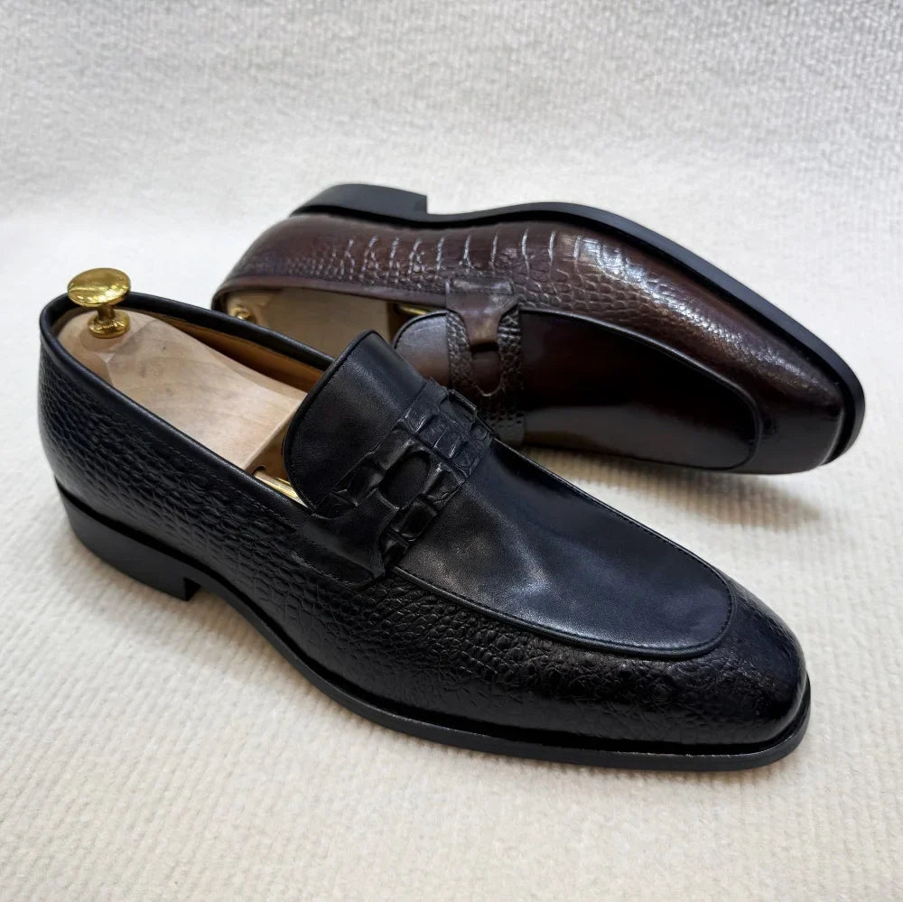 Luxury Men's Genuine Leather Dress Shoes Crocodile Print Wedding Loafers Double Buckle Business Office Formal Slip-On Shoes