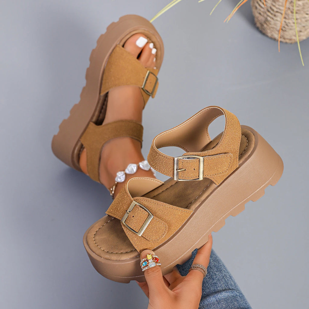 Classic Suede Metal Buckle Thick Bottom Sandals Women Summer 2026 Soft Platform Wedge Heel Sandals Plus Size Woman's Beach Shoes