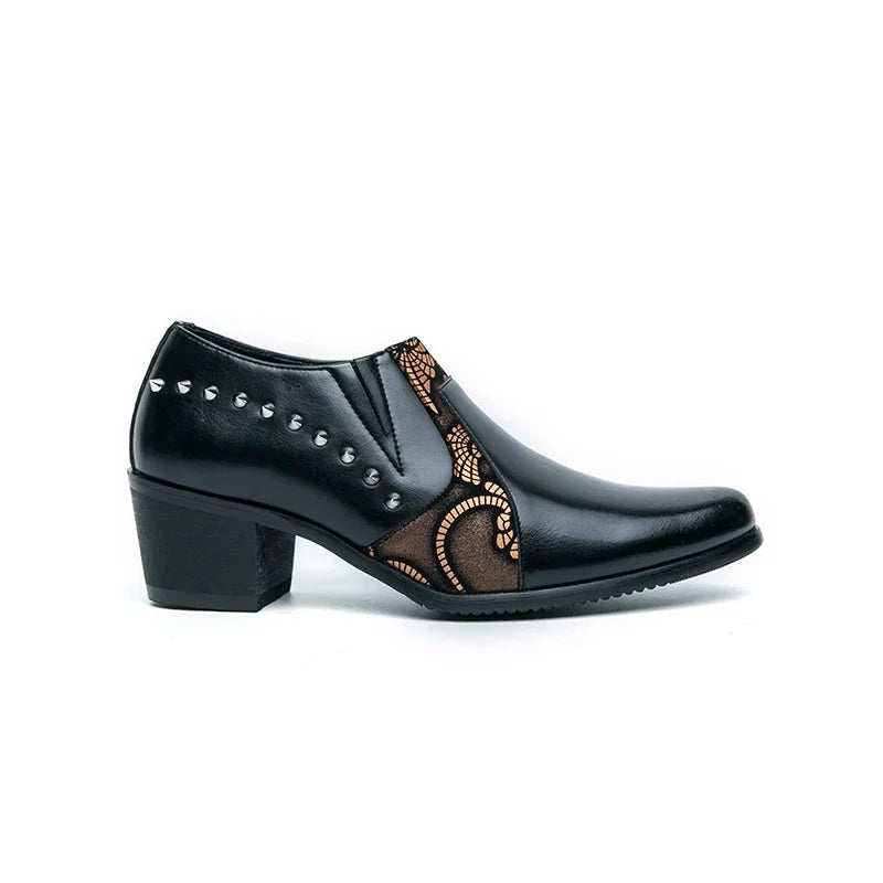 Black Leather Business Dress High Heel Men's Shoes Pointed Toe Slip-on Rivets Elegant Party Wedding Shoes Thick Bottom Plus Size