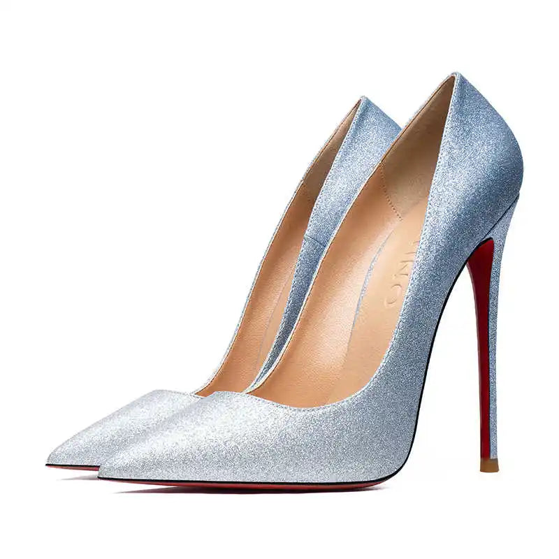 Women's Shoes Shiny Luxury Brand Pumps Red Bottom Pointed Toe Glitter Basic High Heels Female Prom Party Ladies Shoes Women 12cm