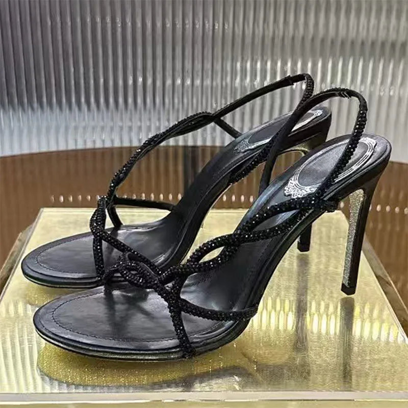 Summer High Heels Sandals For Woman Bling Rhinestone Cross-tied Banquet Dress Shoes Open Toe Stiletto Crystal Sandalias Women