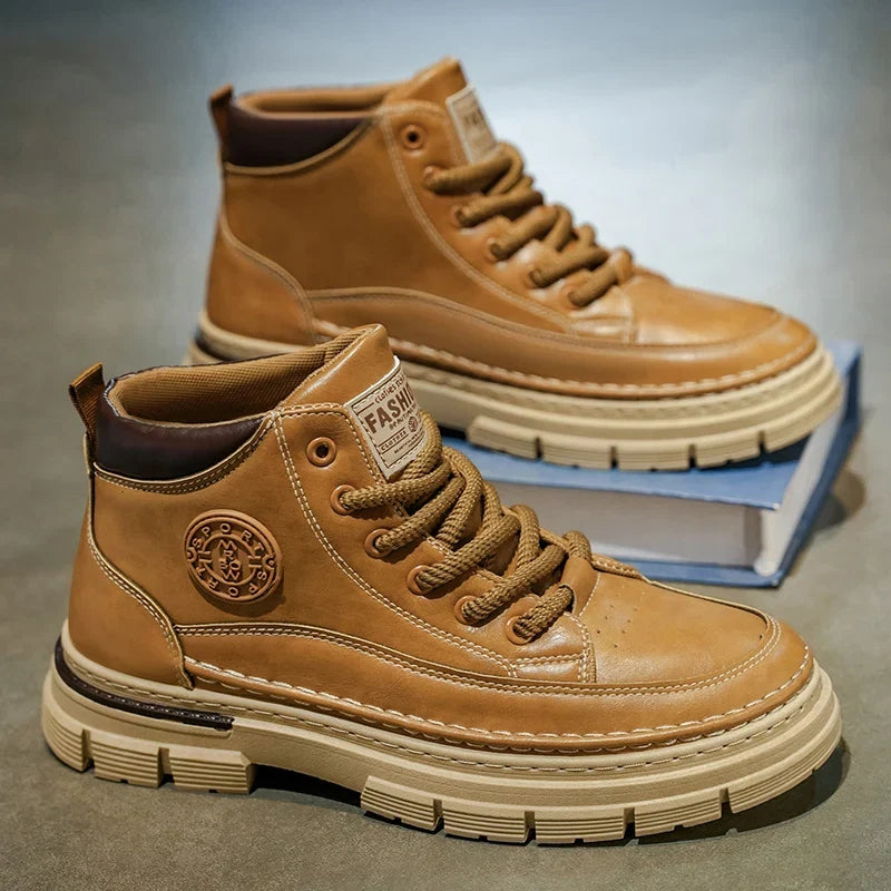 Men's High Top Leather Shoes Work Yellow Boots Thick Bottom Casual Boots Fashion Outdoor Hiking Shoes Mens Boots