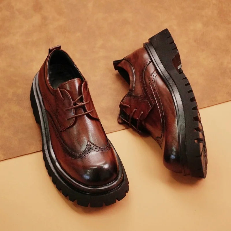 British Style Men's Block Shoes Thick Soled Durable for Office Interviews Formal Shoes Retro Brown Men's Shiny Leather Shoes3846