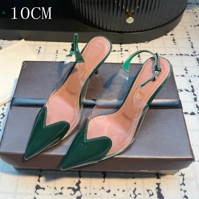 2026 New Pointy Peach Heart Fine Heel Shoes Sexy Pvc Transparent Film Black Patent Leather High Heel Overhead Sandals