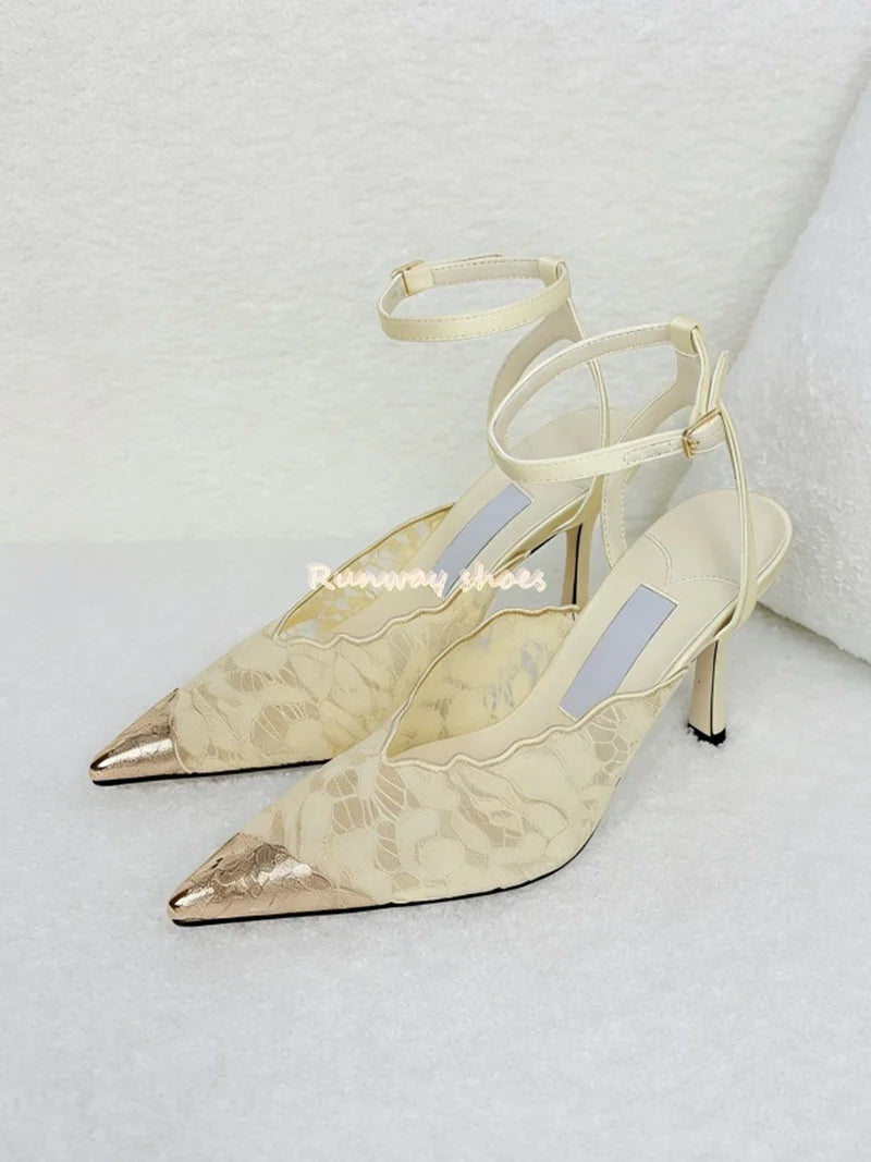 Pointed Color Blocking Lace is Breathable Women's Wedding Shoes Mesh One-strip Stilettos Luxury Women's Shoes Shallow Banquet Sh