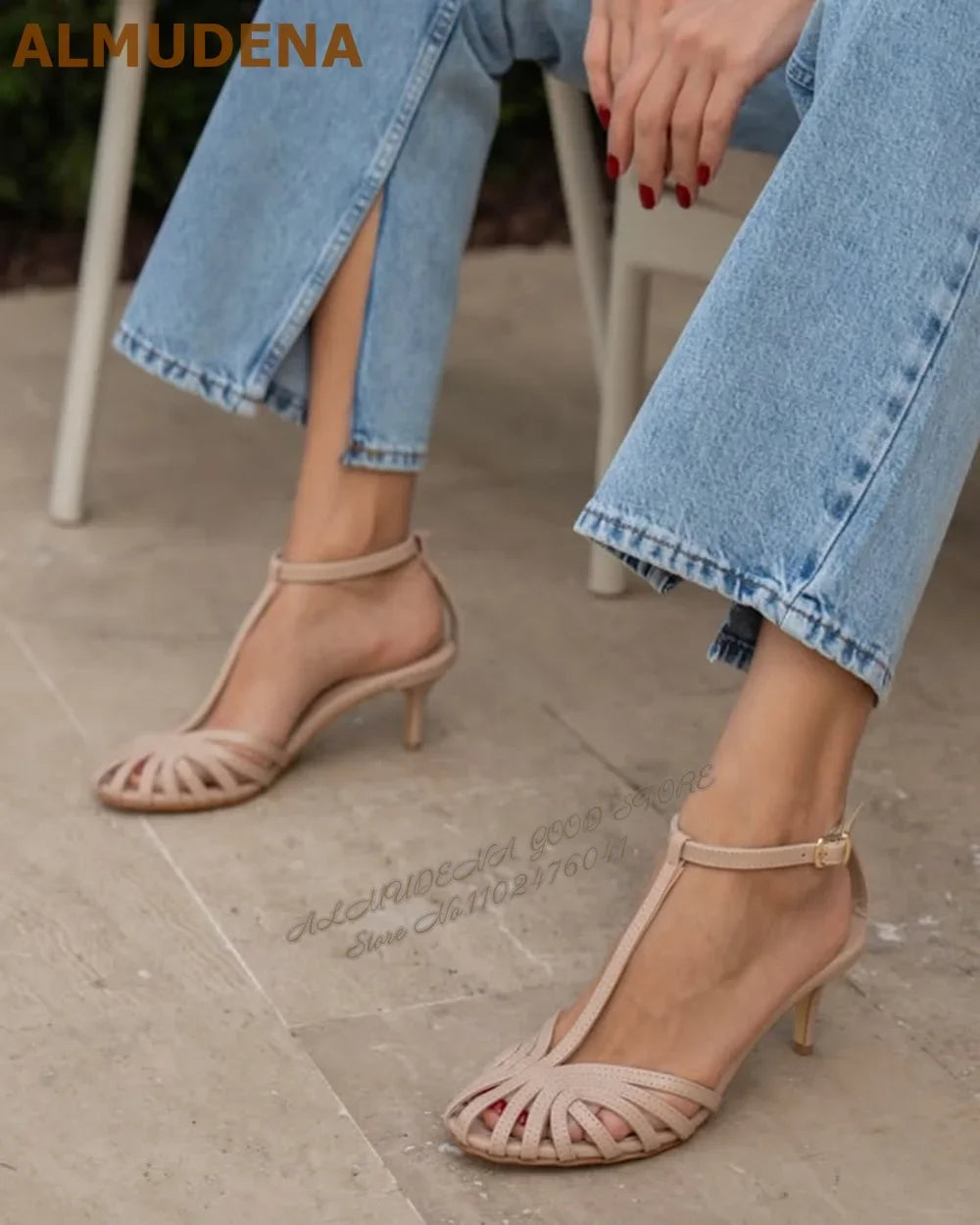 ALMUDENA Champagne Gold Silver Strappy Sandals Stiletto Heel T-Bar Narrow Band Caged Summer Dress Shoes Hollow Out Banquet Shoes