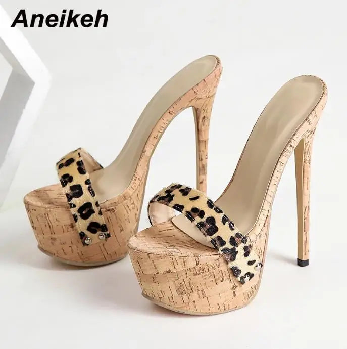 Aneikeh Sexy Leopard Platform Sandals High Heels 2025 Summer Slippers Mules Ladies Fashion Peep Toe Slip On Club Shoes Sliders