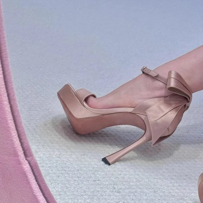 French Waterproof Table Champagne Colored Bow Heels Women'S Stiletto Lolita Ballet Party One-Line Buckled Sandals