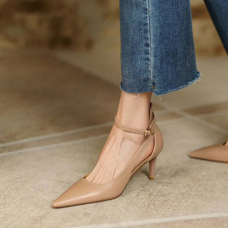 Spring Summer 2024 New Popular Women's Shoes Khaki Pointed Toe Thin Heel Strap High Heels Casual Flats Rubber Material
