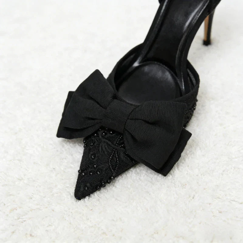 Black Mesh Beaded Decoration Heeled Sandals Women Sexy Pointed Toe Slingbacks Thin High Heels Elegant Bow Designer Women Pumps