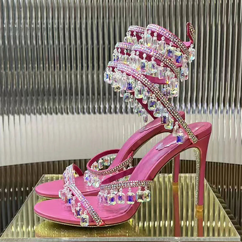 Luxury High Heels Sandals Women Crystal Pendant Snake Twine Around Ankle Strap Wedding Shoes Summer Bohemian Sandals Woman