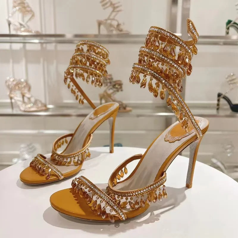 Sexy High Heels Gladiator Sandals Women Crystal String Bead Snake Twine Around Ankle Strap Wedding Shoes Summer Sandals Woman
