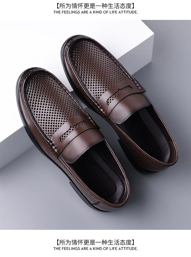 2026 Summer New Men's Breathable Leather Loafers Slip-On Hollow Out Casual Business Casual Shoes for Man Flat Driving Shoes Male